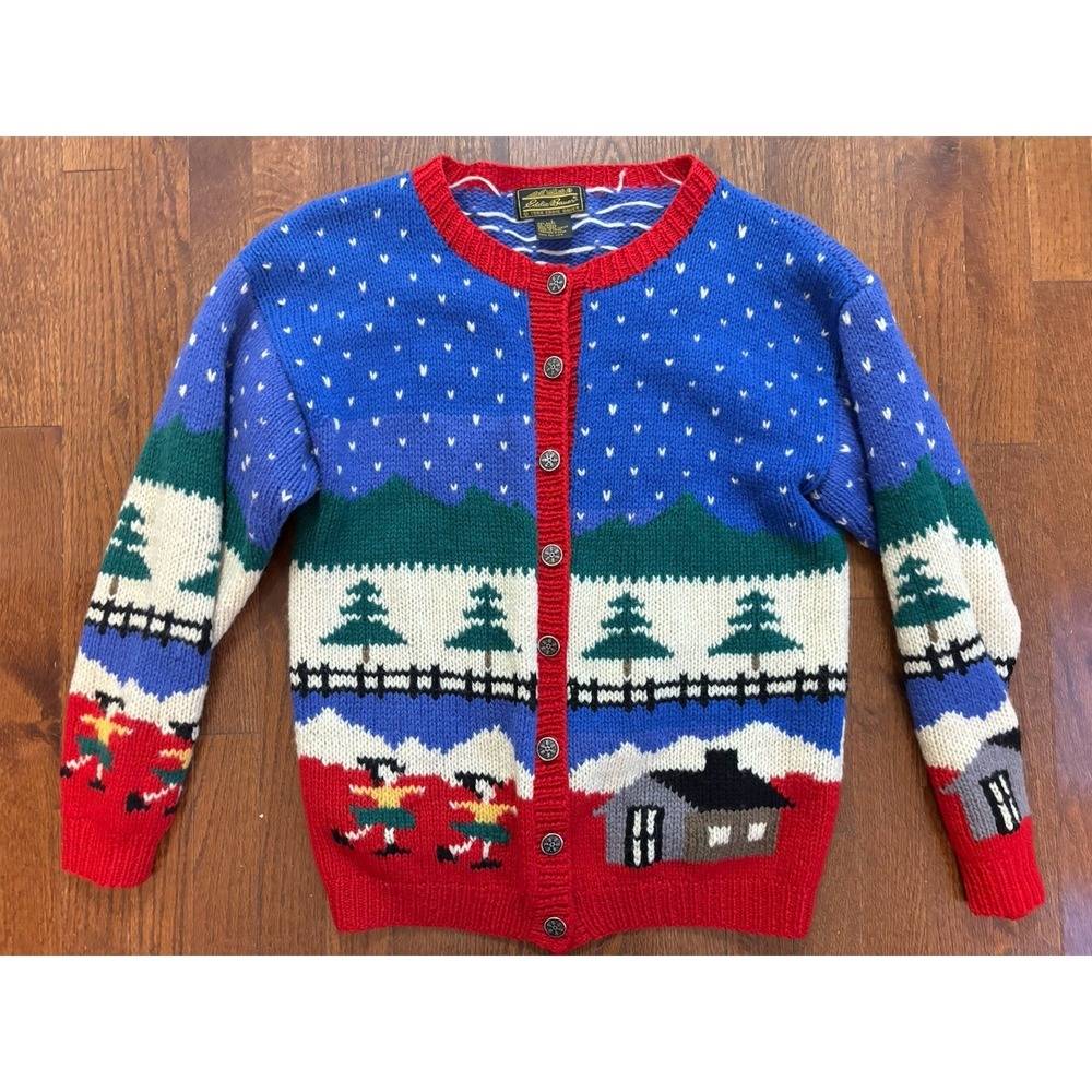 VTG EDDIE BAUER Wool Cardigan Sweater L Christmas Holiday Snowflakes